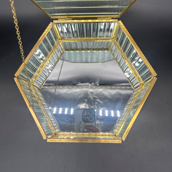 Vintage Jewelry Box Hexagon Ribbed Clear Glass Brass Hinged Top Mirrored Inside - Picture 3 of 11
